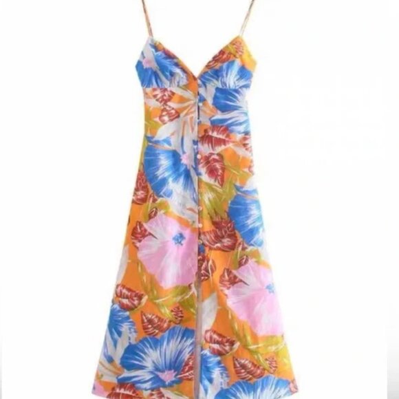 Zara Tropical Floral Linen Dress Small - Picture 1 of 7